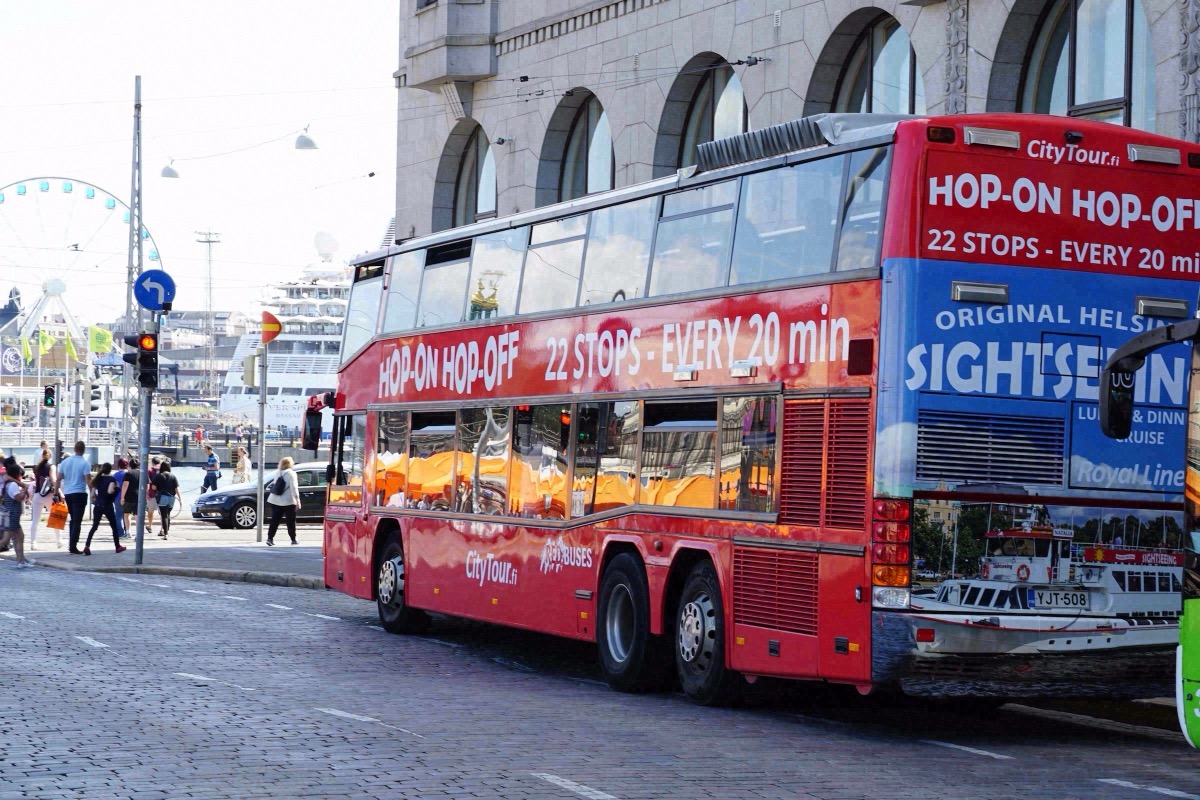 Red Hop-on Hop-off sightseeing bus at Helsinki's South Harbour